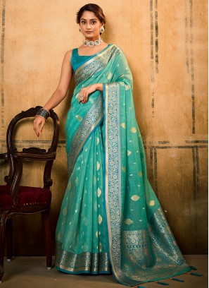 Piquant Banarasi Silk Aqua Blue Weaving Classic Saree