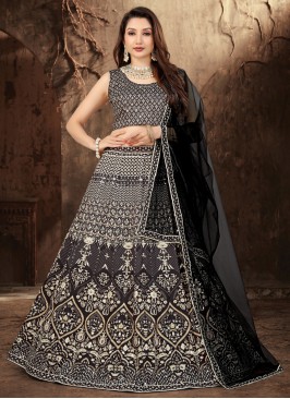 Piquant Black Satin Trendy Lehenga Choli