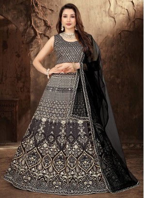 Piquant Black Satin Trendy Lehenga Choli
