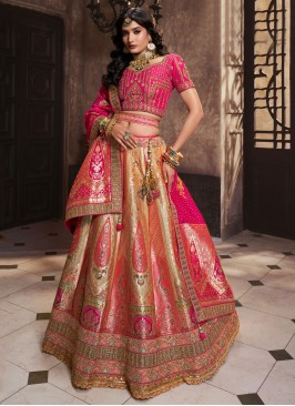 Piquant Diamond Banarasi Silk Cream and Pink Trendy Lehenga Choli