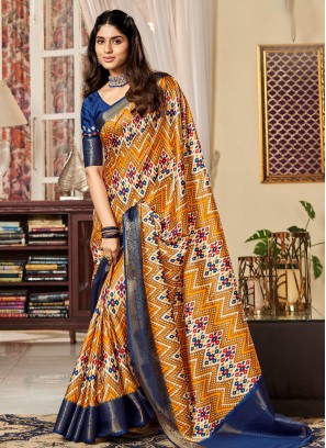 Piquant Digital Print Satin Mustard Classic Saree