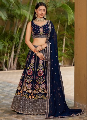 Piquant Navy Blue Embroidered Georgette Lehenga Choli