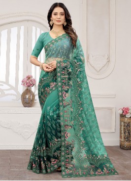 Piquant Sequins Green Net Contemporary Saree