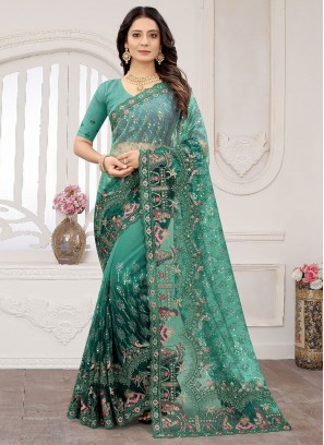 Piquant Sequins Green Net Contemporary Saree