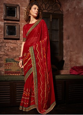 Piquant Swarovski Red Chinon Contemporary Saree