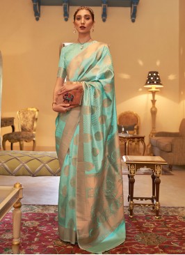 Piquant Weaving Sea Green Traditional Designer Sar