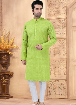 Parrot and Off-White Cotton Kurta Pajama Set with 