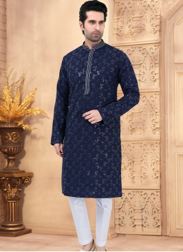 Navy Blue and Off-White Cotton Kurta Pajama Set with Embriodered and Sequence Work.