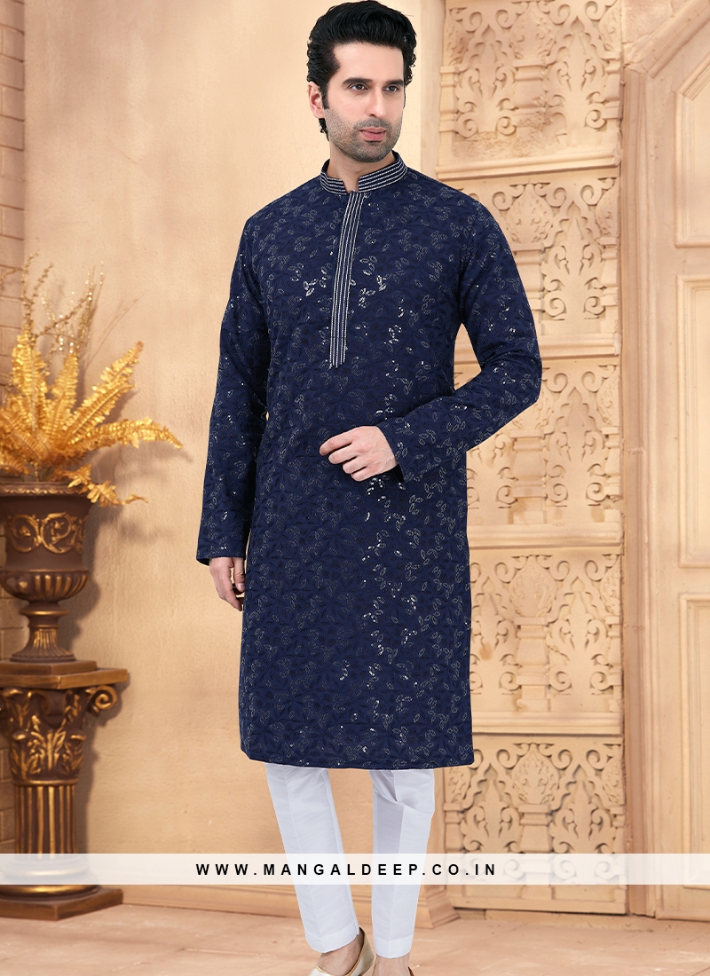 Navy Blue and Off-White Cotton Kurta Pajama Set with Embriodered and  Sequence Work.