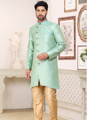 Pista Banarasi Jacquard Indo Western Ensemble with Gold Aligadhi Pant.