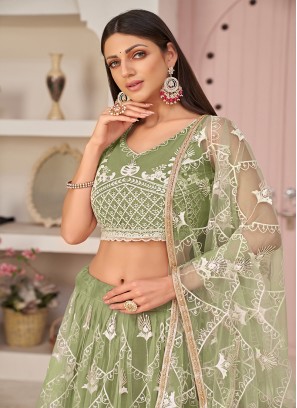 Pista Colour Butterfly Net Embroidered Work Lehenga