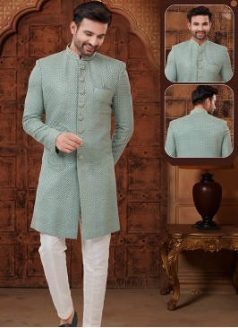 Pastel Green and Off-White Georgette Indo-Western Ensemble with Tikki Work.