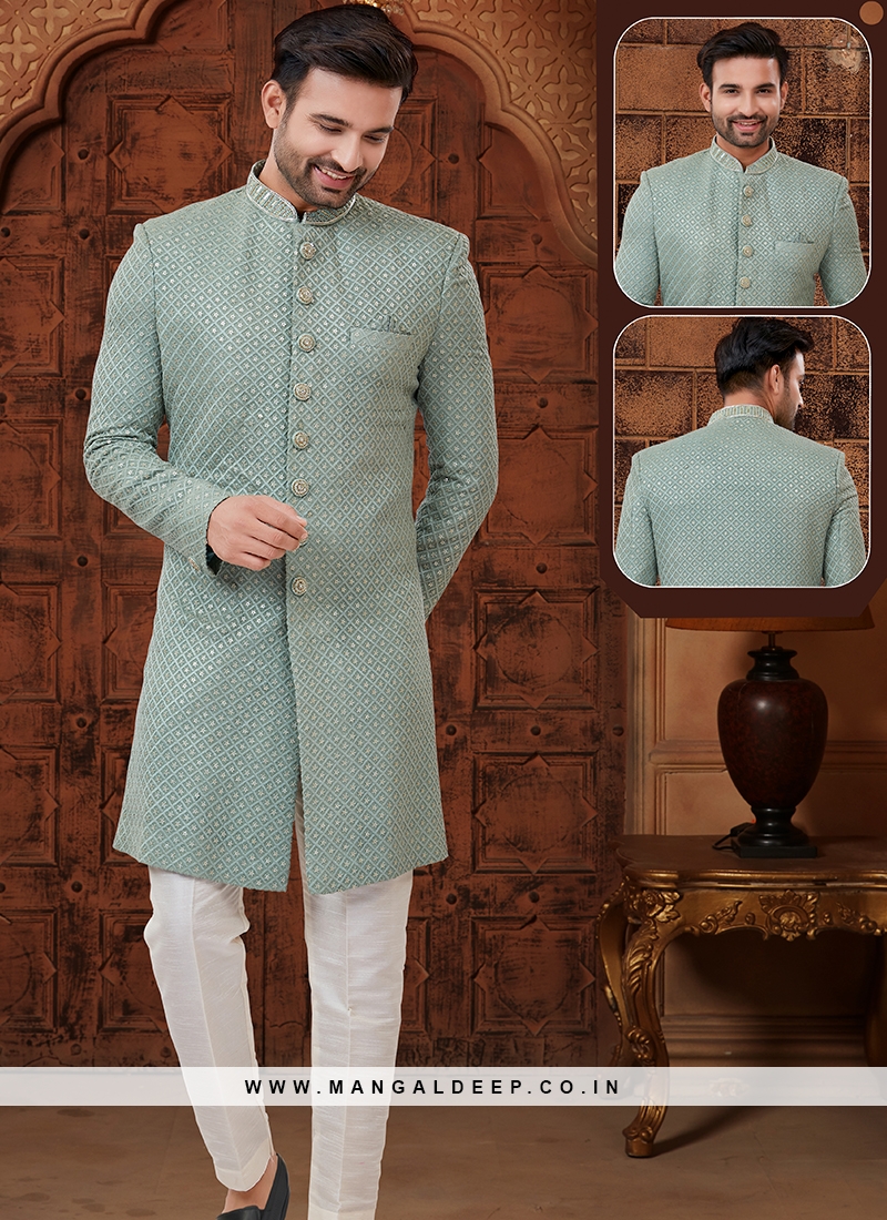 Pastel Green and Off-White Georgette Indo-Western Ensemble with Tikki Work.