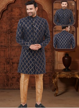 Navy Blue and Chikoo Lucknowie Indo-Western Ensemble with Zari Work.