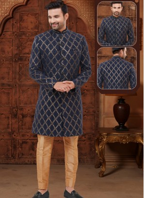 Navy Blue and Chikoo Lucknowie Indo-Western Ensemble with Zari Work.