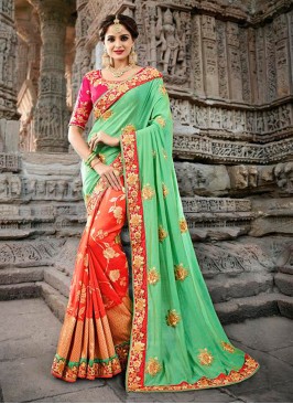 Pista Green and Orange Half N Half Designer Traditional Saree