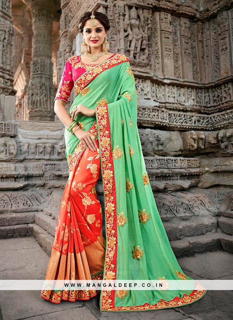 Pista Green and Orange Half N Half Designer Traditional Saree