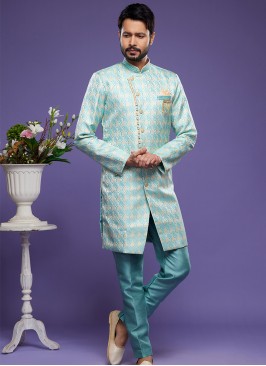 Turqueise Blue Banarasi Jacquard Indo Western Ensemble