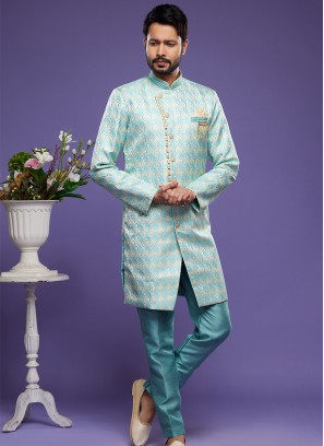 Turqueise Blue Banarasi Jacquard Indo Western Ensemble