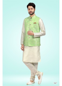 Pista Green Banarasi Silk Kurta Set with Nehru Jac