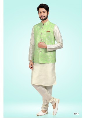Pista Green Banarasi Silk Kurta Set with Nehru Jacket