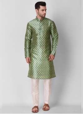 Pista Green Color Art Silk Print Mens Kurta Set