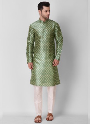 Pista Green Color Art Silk Print Mens Kurta Set