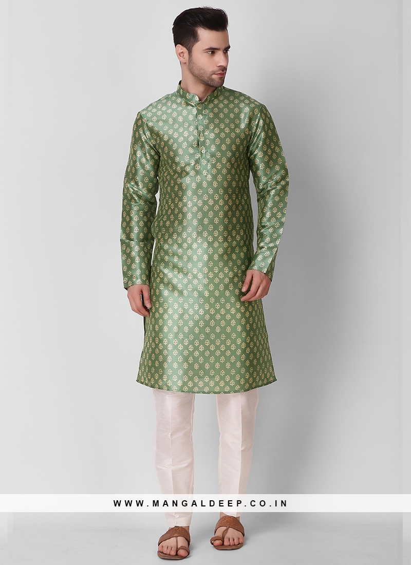 Pista Green Color Art Silk Print Mens Kurta Set