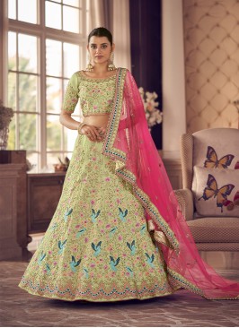 Pista Green Color Art Silk Thread Work Lehenga