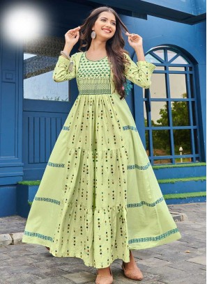 Pista Green Color Cotton Printed Daily Wear Gown