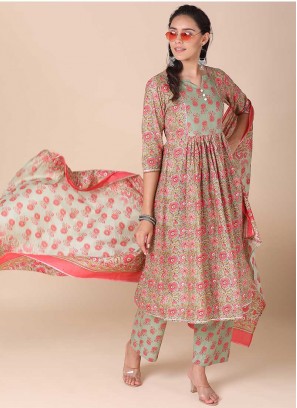 Pista Green Color Cotton Printed Readymade Suit