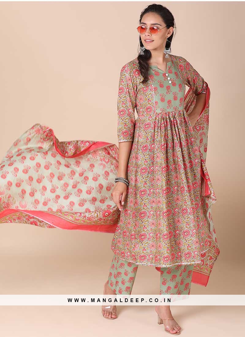 Pista Green Color Cotton Printed Readymade Suit