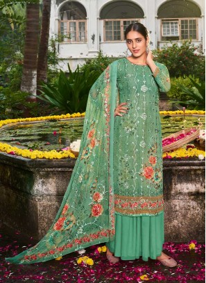 Pista Green Color Georgette Printed Palazzo Suit