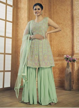 Pista Green Color Georgette Resham Work Palazzo Suit