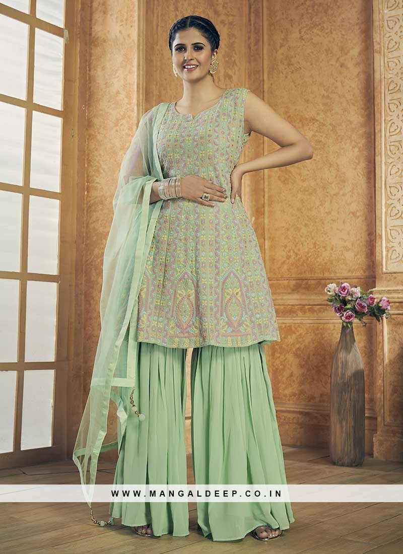 Pista Green Color Georgette Resham Work Palazzo Suit