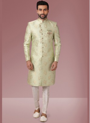 Pista Green Color Jacquard Silk Mens Sherwani