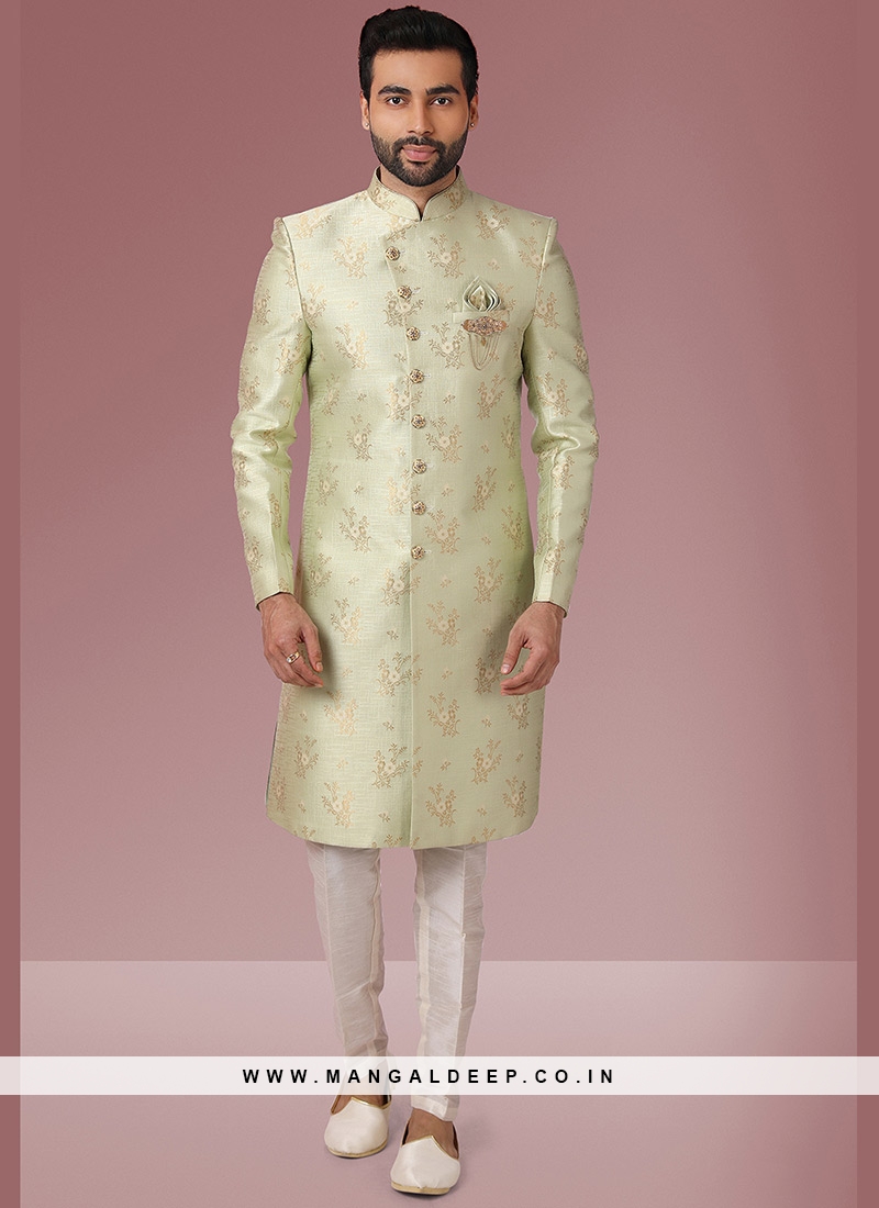 Pista Green Color Jacquard Silk Mens Sherwani