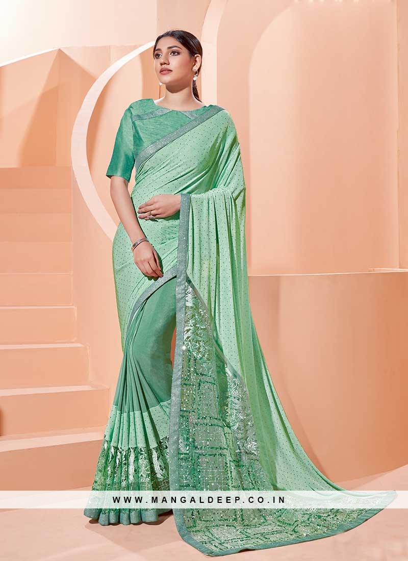 Pista Green Color Net And Silk Saree