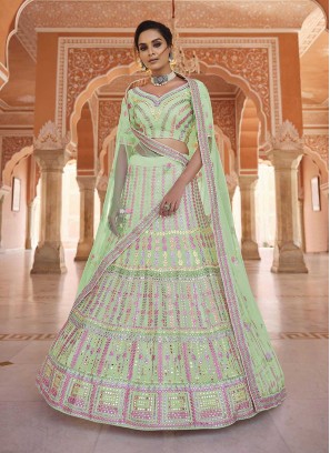 Pista Green Color Organza Thread Work Lehenga