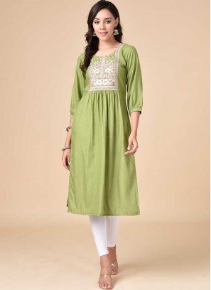 Pista Green Color Rayon Embroidered Fancy Kurti