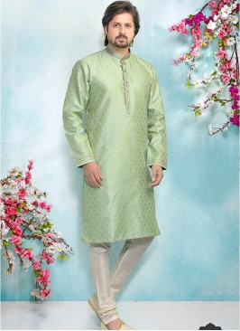 Pista Green Color Silk Kurta Pajama For Mens