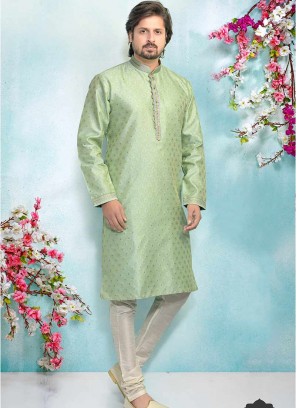 Pista Green Color Silk Kurta Pajama For Mens