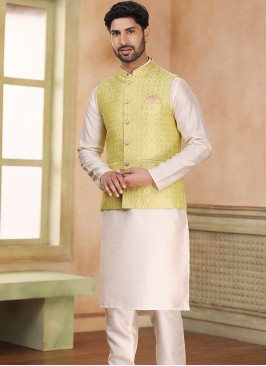 Lemon Jacquard Banarasi Silk 3-Piece Jacket Set with cream Churidar Bottom.