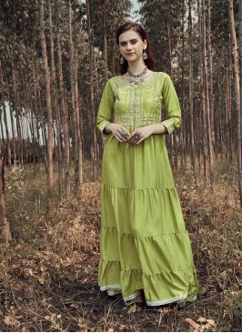 Pista Green Poly Viscose Kurti With Bottom