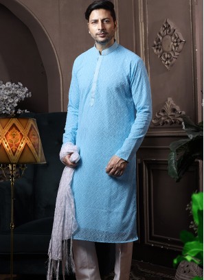 SkyBlue Silk Kurta Pajama with Off-White ArtSilk Trouser.