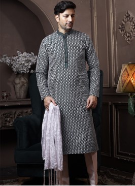 Dark Green Silk Kurta Pajama with Off-White ArtSil