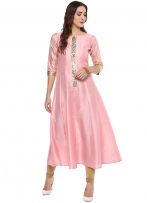 Plain Poly Silk Designer Kurti in Pink