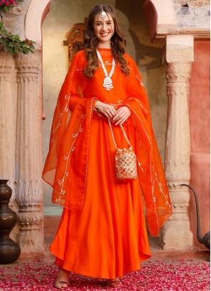 Plain Rayon Readymade Salwar Suit in Orange