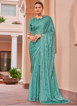 Pleasance Chiffon Satin Aqua Blue Swarovski Traditional Saree