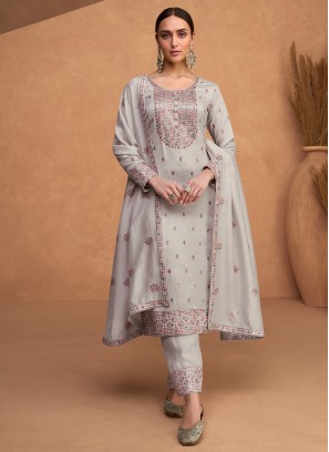 Pleasance Embroidered Grey Silk Straight Salwar Kameez